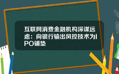 互联网消费金融机构深谋远虑：向银行输出风控技术为IPO铺垫