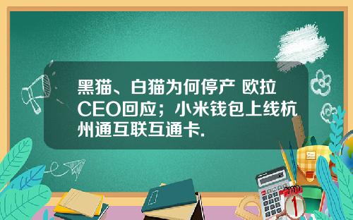 黑猫、白猫为何停产 欧拉CEO回应；小米钱包上线杭州通互联互通卡.